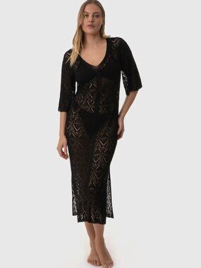 ✨ Gorgeous Black Crochet Knit V-Neck Maxi Dress / Cover-Up! ✨
